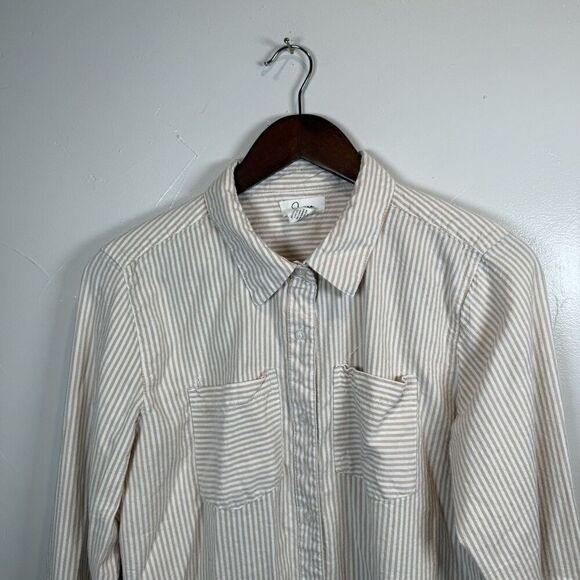Japna Tan White Striped Long Sleeve Button Shirt Size Large Beach Boho Rolltab - Picture 2 of 13